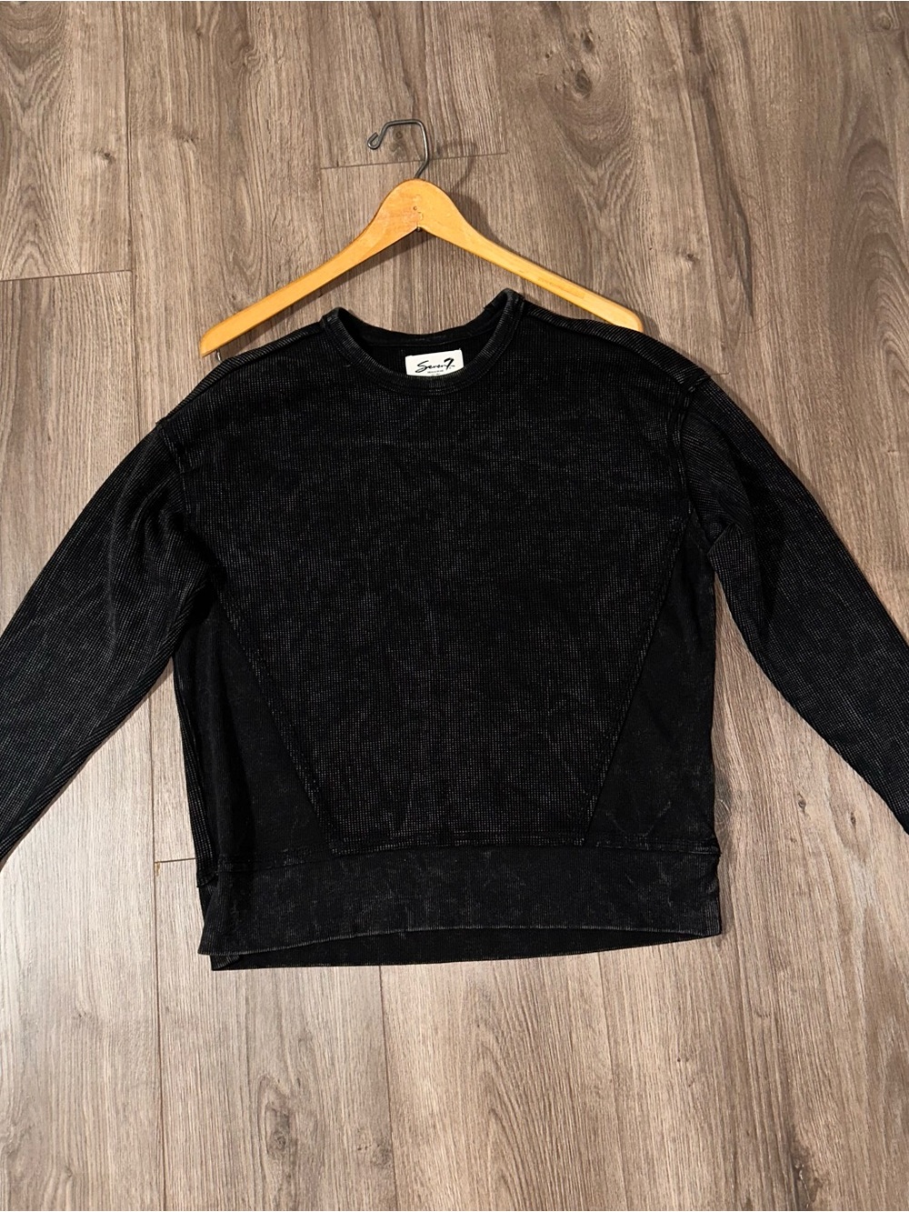 Seven7 Black Crew Neck Waffle Knit Cotton Blend Top